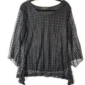 Ashley Blue Lace Overlay Top Womens Sz XL Long Flutter Sleeves Hi Low Black Y2K